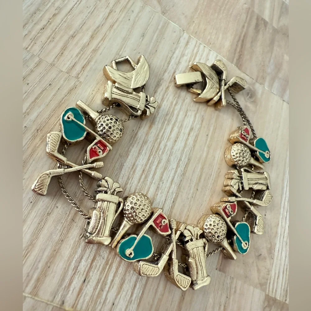 Vintage gold tone golf charm slider bracelet